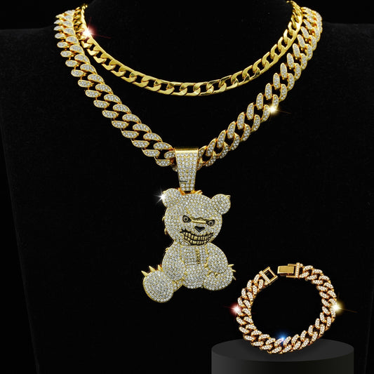 Fashion Jewelry Fully-jewelled Bear Pendant Necklace Bracelet Three-piece Set