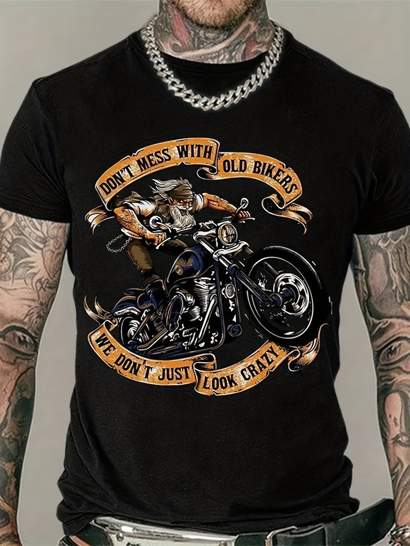 Large Size Men's Motorcycle Old Man Pattern Printed T-shirt, Elastic Short Sleeved Round