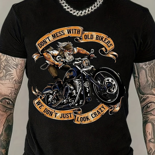 Large Size Men's Motorcycle Old Man Pattern Printed T-shirt, Elastic Short Sleeved Round