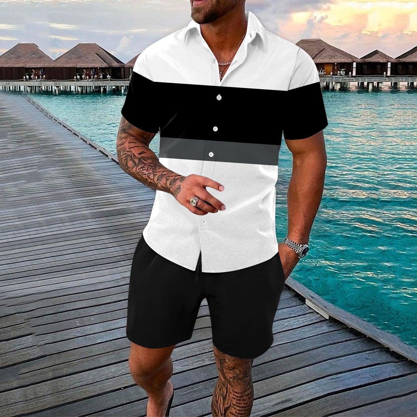 Fashion Men Summer Lapels Shirt Outfit